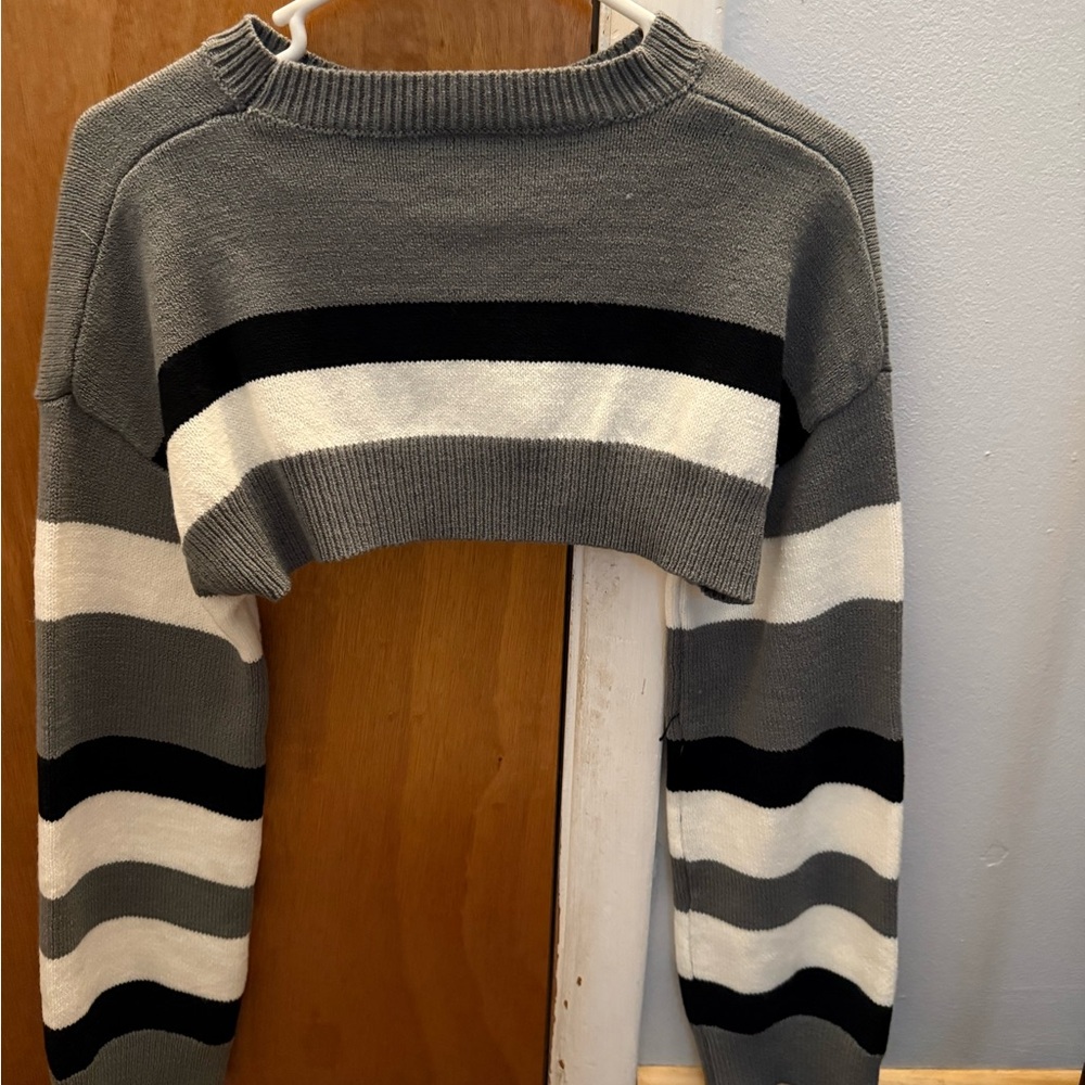 Gray and Black Crew Neck Sweater with Stripes